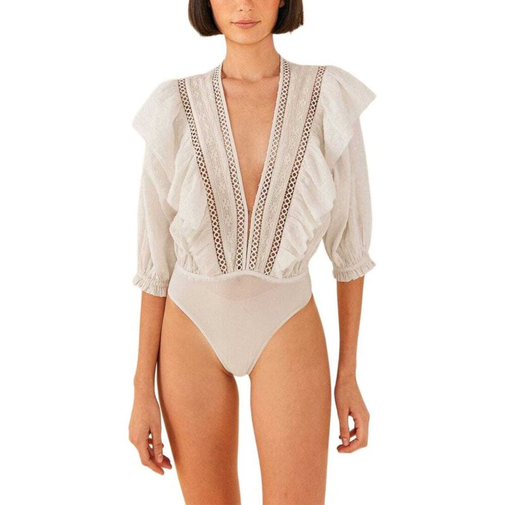 Farm Rio Womens Off-White Lace Bodysuit